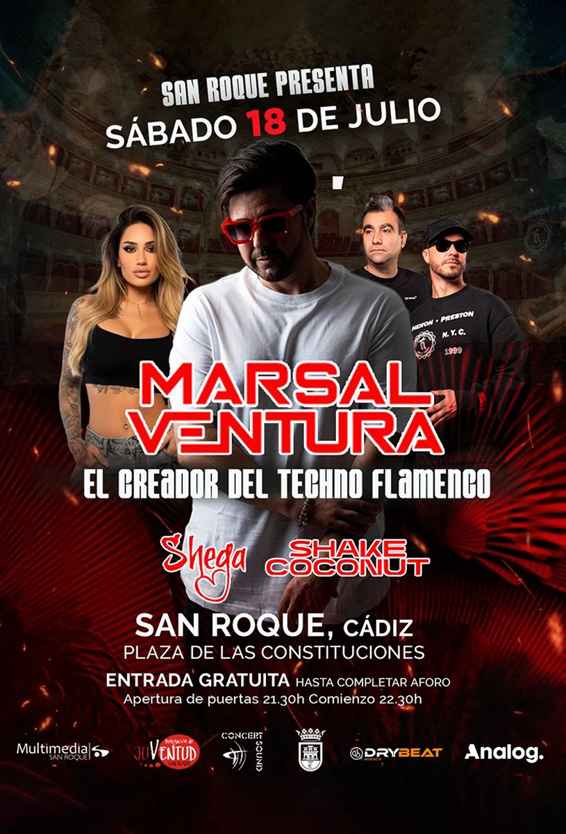 Cartel del concierto de Marsal Ventura en San Roque con DJ Shega y Shake Coconut