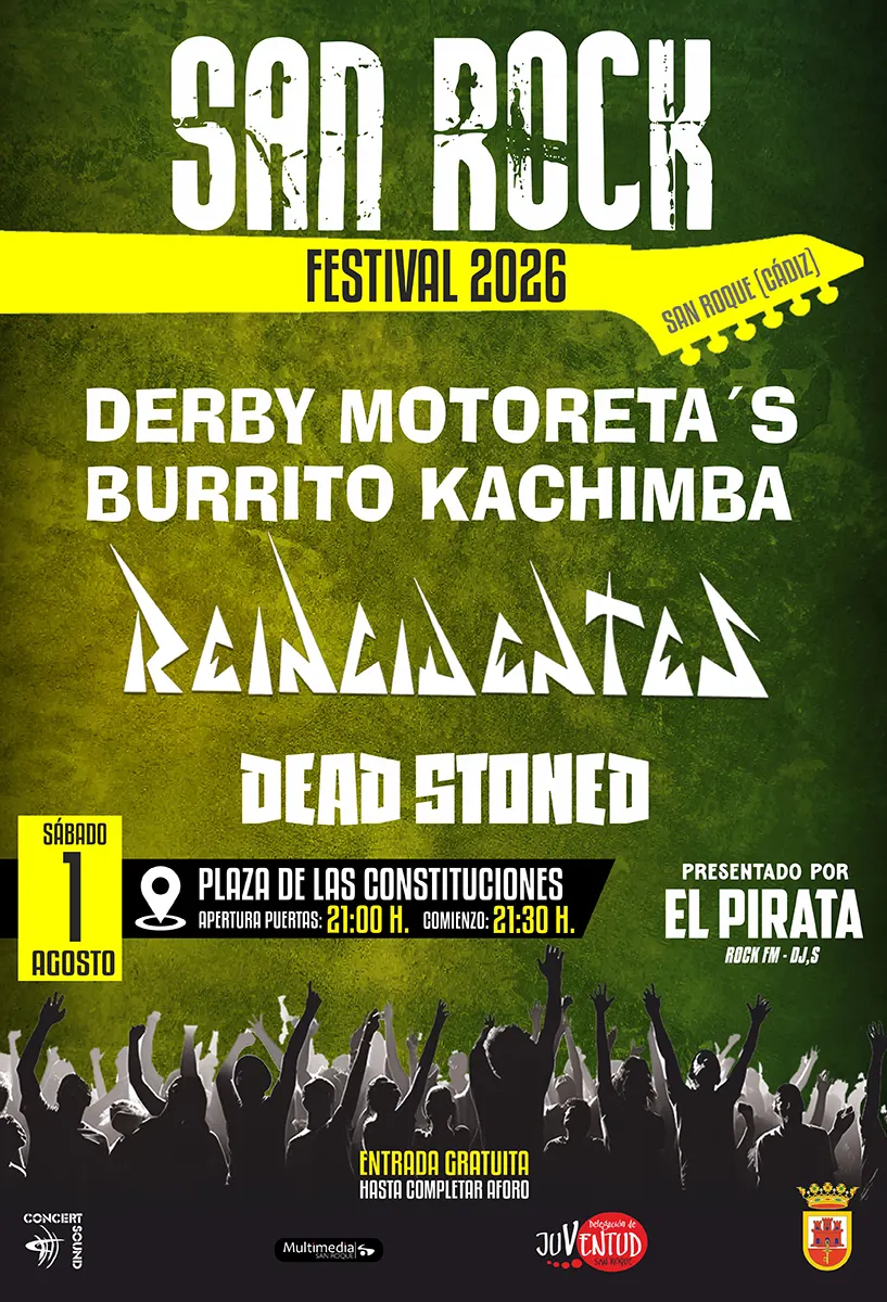 Cartel de San Rock Festival 2026 en San Roque con Derby Motoreta's Burrito Kachimba, Reincidentes y Dead Stoned