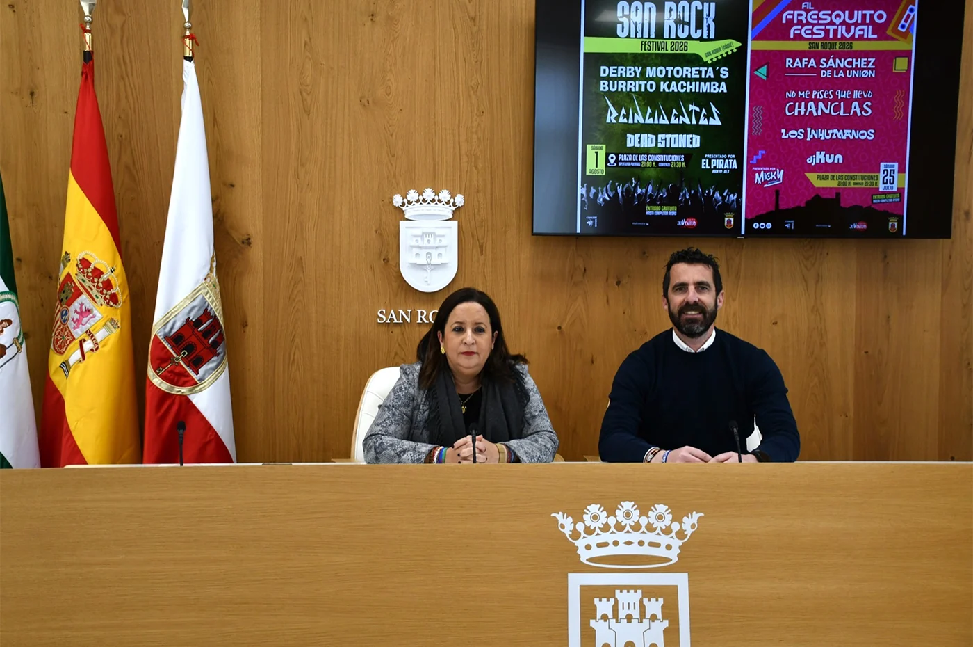 David Ramos y María del Mar Collado presentan los carteles de Al Fresquito Festival y San Rock Festival en San Roque